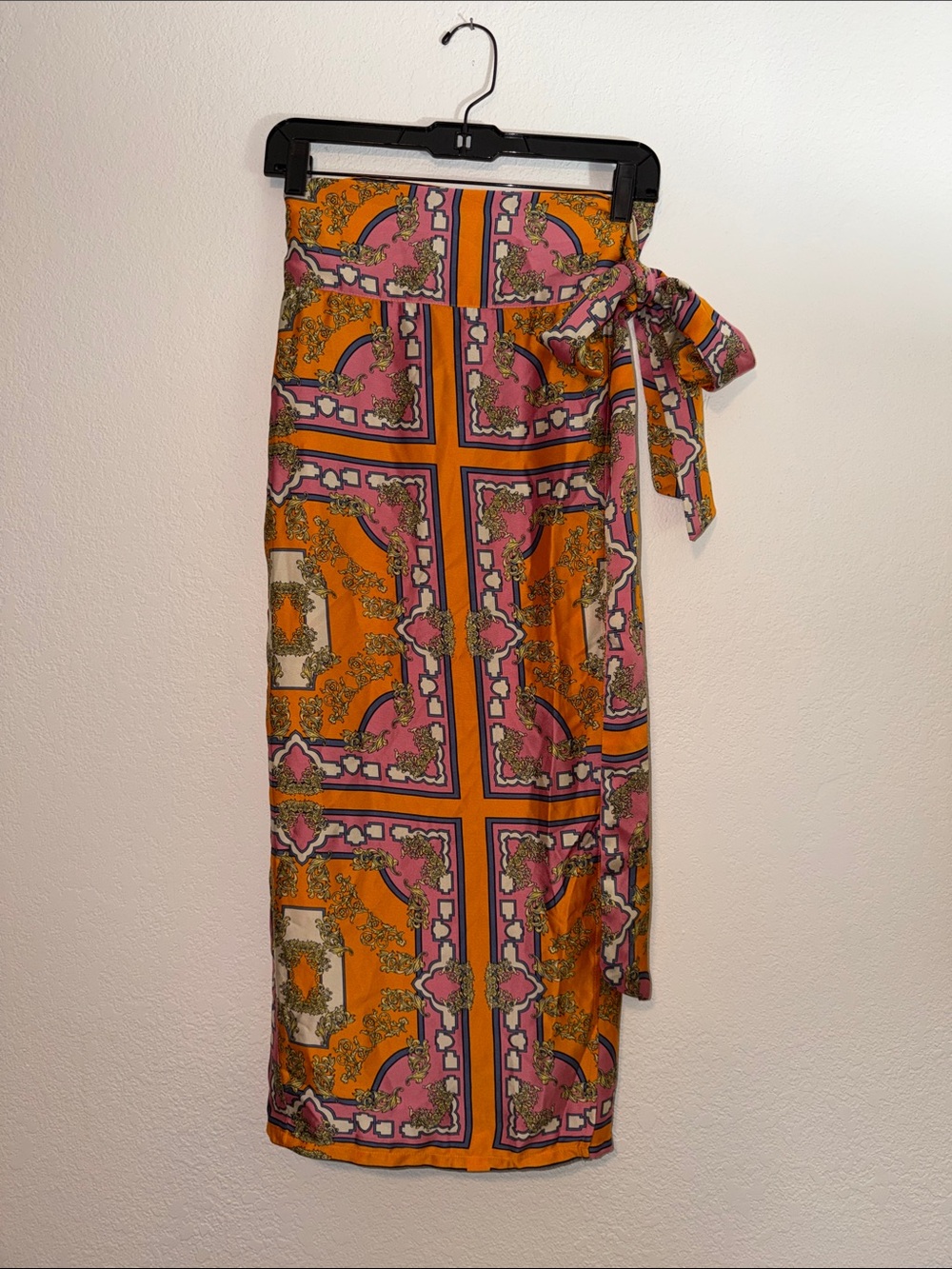 New York & Company Orange and Pink Printed Wrap Midi Skirt